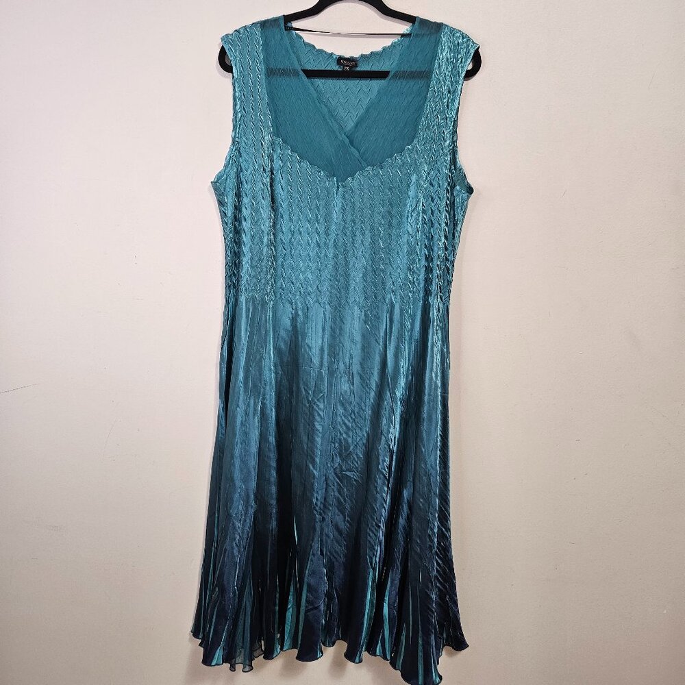 Komarov chiffon & charmeuse Pleated Crinkle Cocktail Dress Sz 2X Teal Blue
